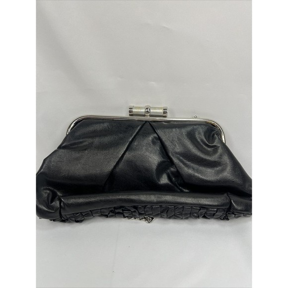 Ruffle Black￼ Purse Shoulder Bag Strap Silver Chain Ruffle Accent - Picture 4 of 8